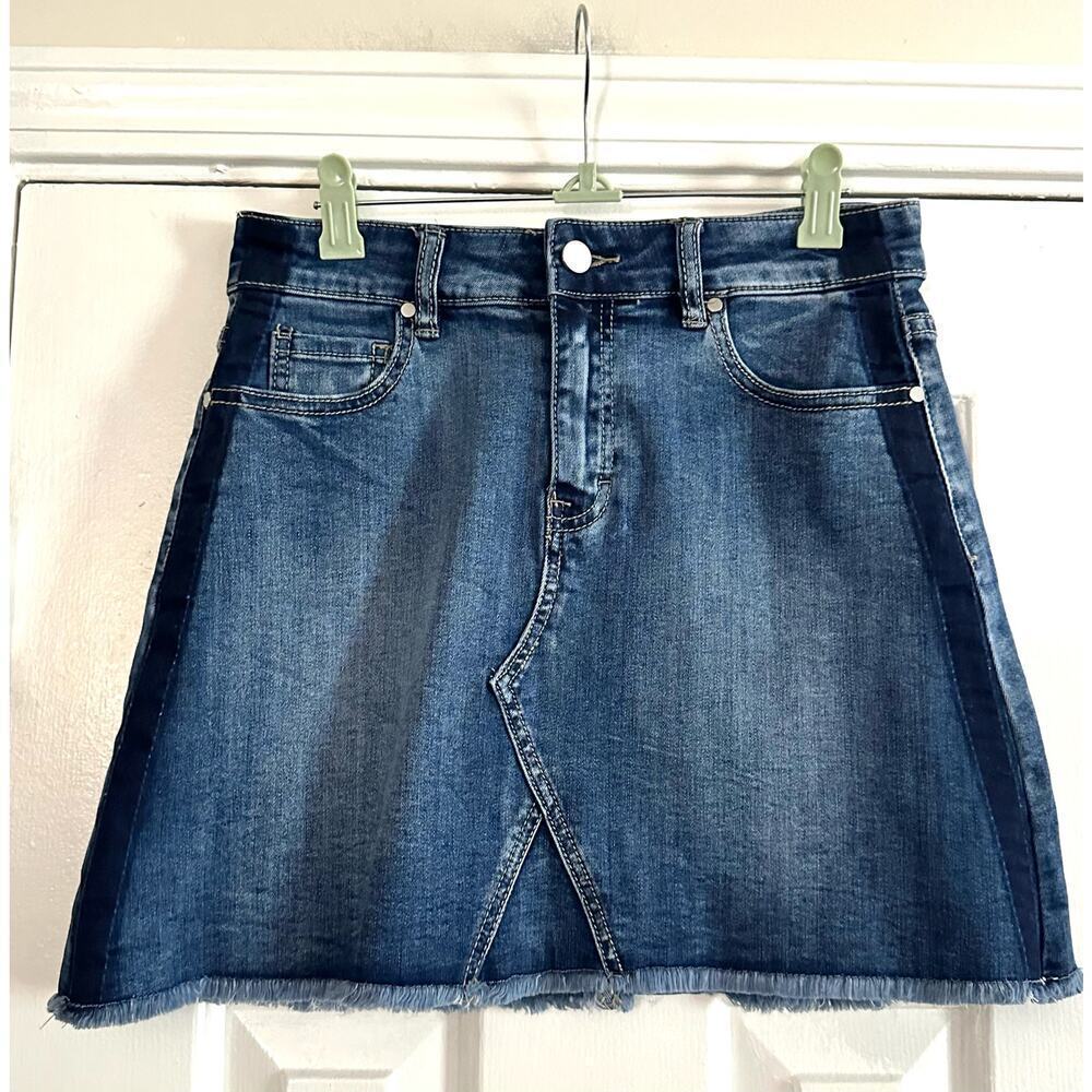 SEED HERITAGE Denim Jean Mini Skirt Navy Trim Frayed Hem Australia - Sz 4